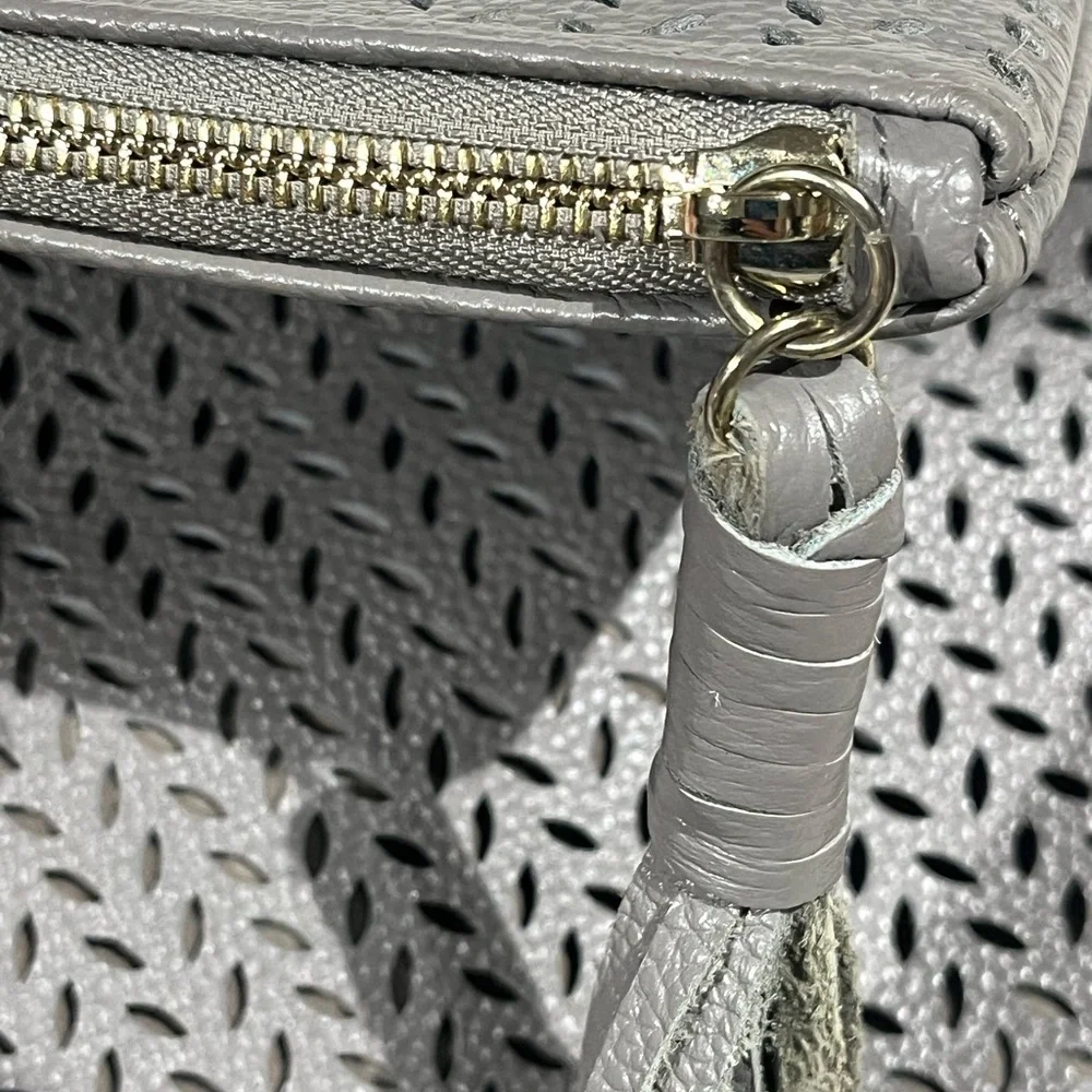 B-Low the Belt Genuine Leather Gray Perforated Fold Over Leather Clutch Tassel
